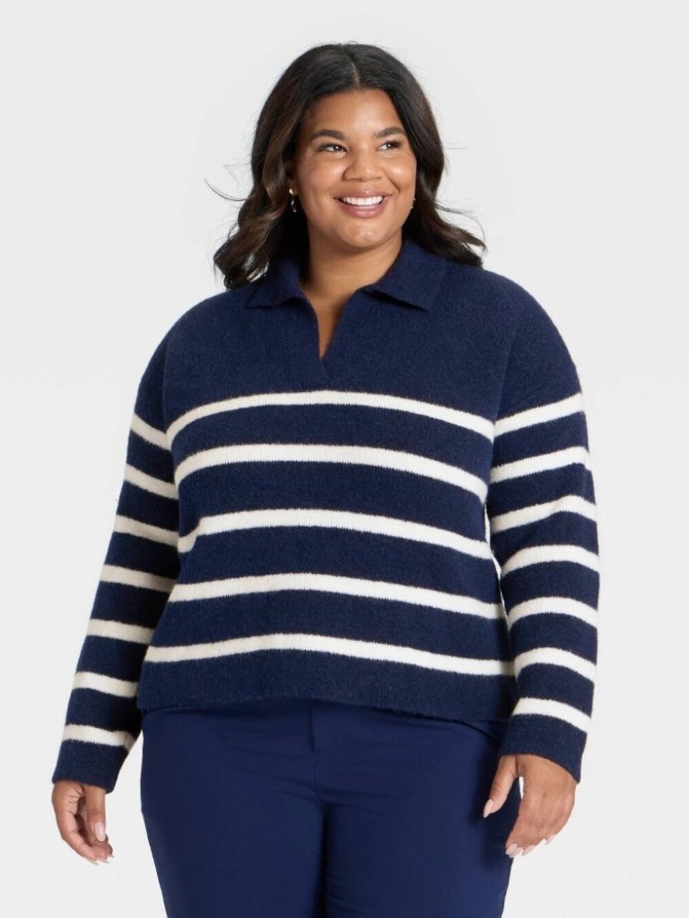 Polo‎ Collar Cozy Knit Stripe Navy Cream Pullover Sweater